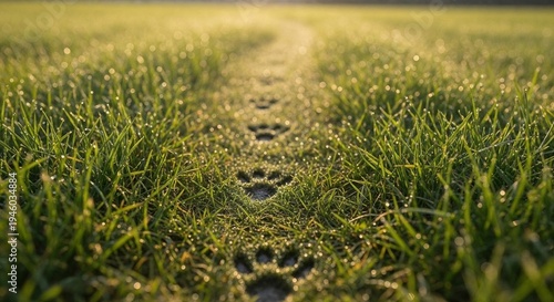 Animal paw prints on dew-covered grass in morning light  