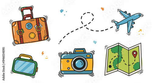 Set of 5 travel icons vector, suitcase, camera, airplane, map