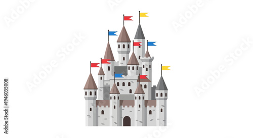Fairy Tale Castle with Colorful Flags on White Background