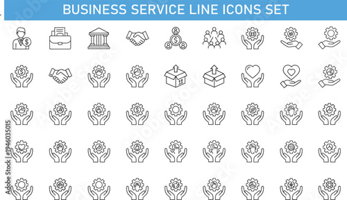 business service line icons set, customer support management symbols collection, corporate assistance outline vector, teamwork partnership icons, professional service thin line icons