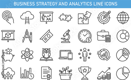 Business strategy and analytics line icons set featuring target, growth chart, presentation, teamwork, research, innovation, financial analysis, success planning concept