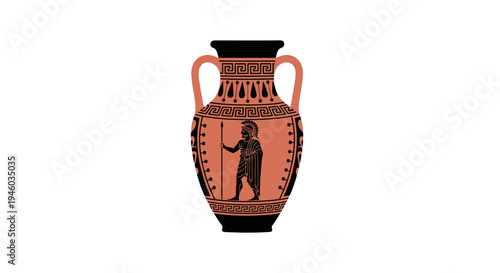 Ancient Greek Amphora Vase with Warrior Figure and Meander Pattern