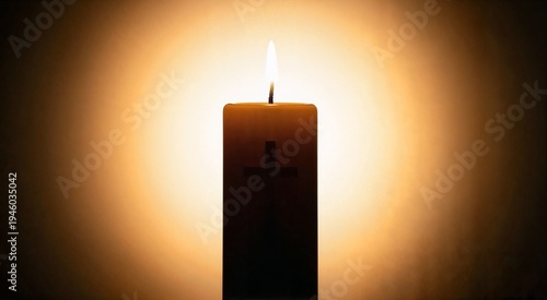 Candle with cross illuminated in soft light against dark background  
