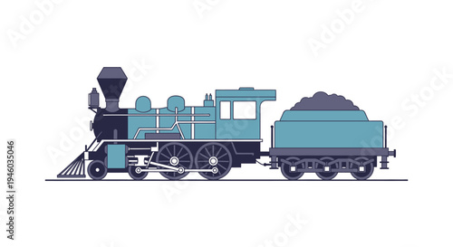 Vintage Steam Locomotive with Coal Tender, Flat Design Illustration