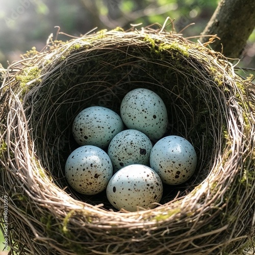 Nest with six speckled eggs surrounded by green moss in nature  