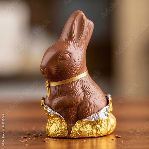 Chocolate bunny wrapped in golden foil on wooden table  