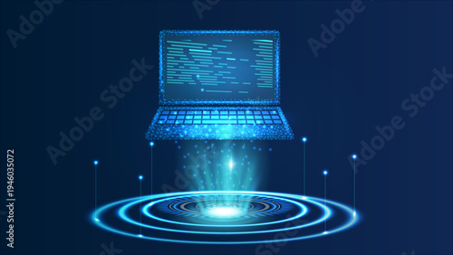 laptop hud Abstract wireframe of laptop computer on blue background, technology concept for web design and online business, digital line connection with copy space area. Low poly style.

