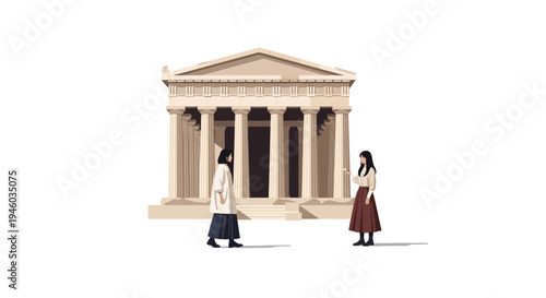 Two women standing in front of ancient Greek temple, minimalist illustration, pastel colors