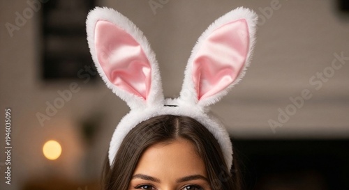 Young woman wearing bunny ears with pink lining indoors  