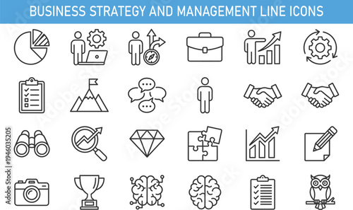 Business strategy and management line icons set with analytics teamwork leadership planning growth innovation workflow target vector illustration for corporate startup development and success