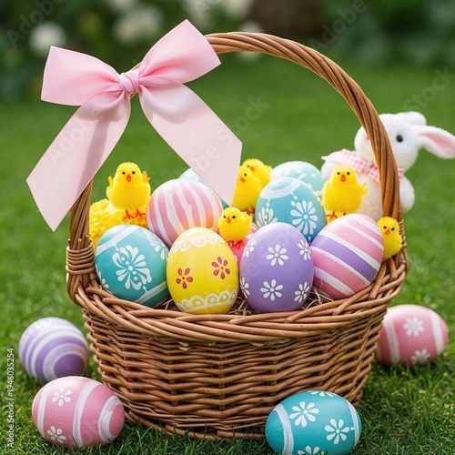 Easter basket filled with colorful eggs and cute chicks on grass  