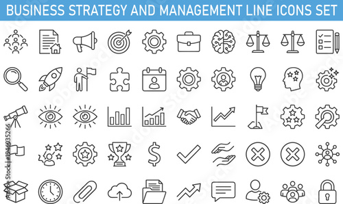 Business strategy and management line icons set, leadership, analytics, teamwork, growth chart, corporate planning symbols, vector illustration collection