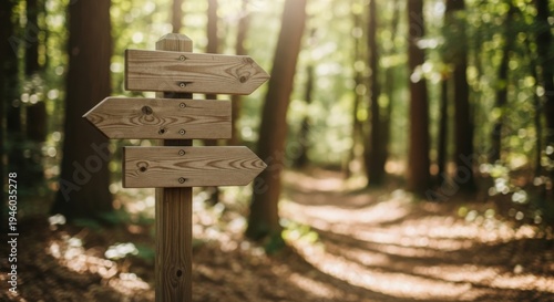 Wooden signpost with three blank arrows points along a sunlit forest path. This imagery conveys concepts of choice, finding direction, and new opportunities for personal journeys.