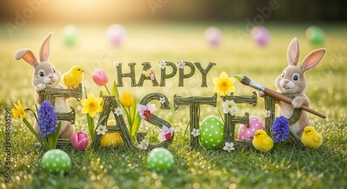 Happy Easter decoration with bunnies and colorful eggs in grass  