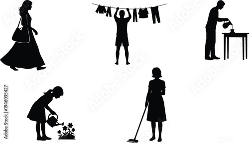 Daily life silhouette set showing people walking, watering plants, cleaning floor, making coffee and hanging laundry in simple household activity icon collection