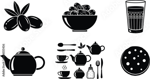 Arabic tea and dates food icons vector set, traditional middle eastern drink dessert illustration, islamic hospitality clipart collection