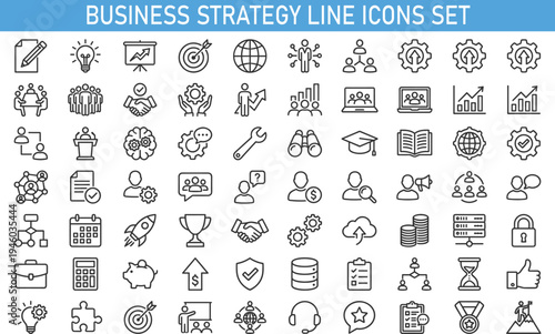 business strategy line icons set, management leadership teamwork symbols collection, startup analytics communication productivity icons, modern thin line business management vector icon pack