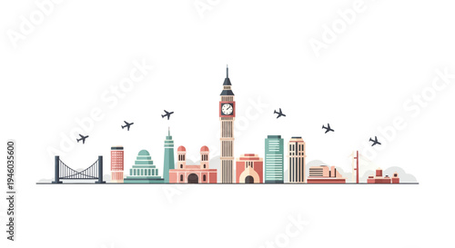 Flat london cityscape with iconic landmarks and flying airplanes