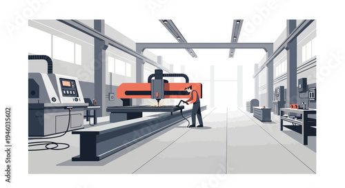 Modern industrial workshop with cnc machine and worker in minimalist