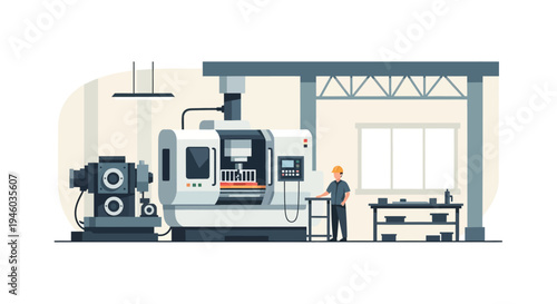 Modern industrial factory with cnc machine and worker in flat design