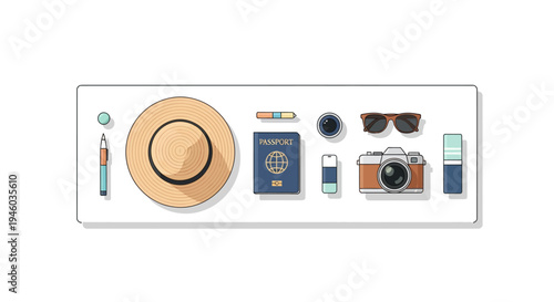 Flat lay of travel essentials with hat passport camera and sunglasses