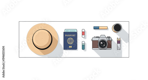 Travel essentials in modern flat design: passport camera and