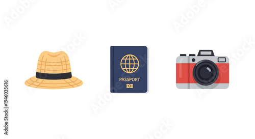 Travel icons featuring hat passport and camera in flat style