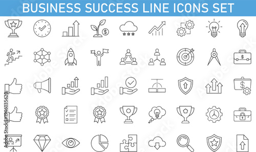 business success line icons set, growth strategy achievement productivity symbols collection, leadership teamwork target marketing outline icons, modern business management vector icon pack