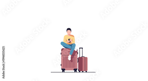 Traveler sitting on luggage with smartphone in minimal flat design