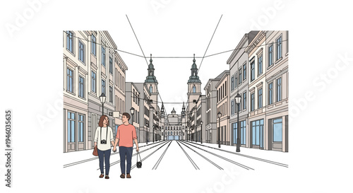 City stroll: couple walking in urban street with historic architecture