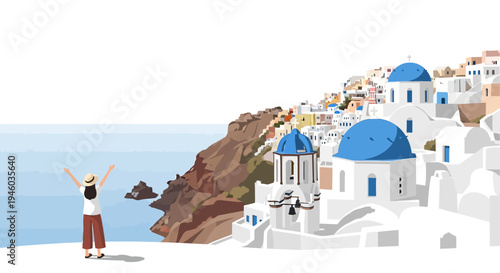 Traveler enjoying scenic view of santorini with iconic blue domes and