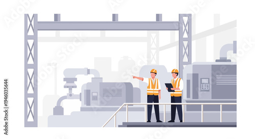 Industrial engineers in hard hats discussing machinery operations at