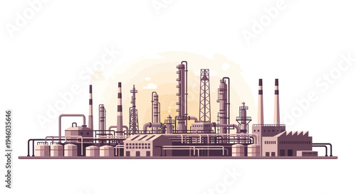 Industrial factory skyline at sunset featuring iconic silhouettes and