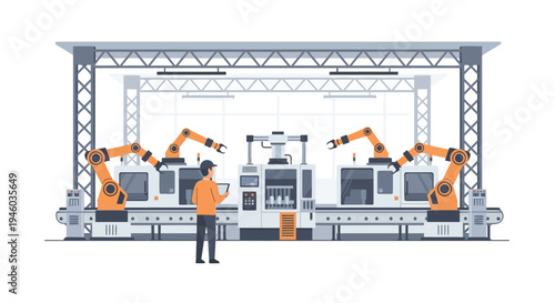 Automated manufacturing facility with industrial robots and engineer