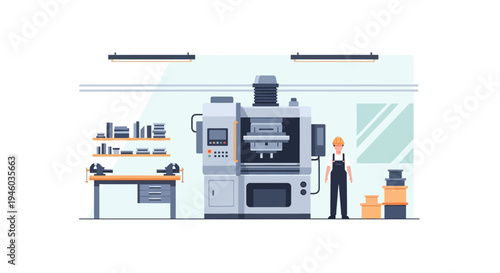 Industrial workshop scene with modern cnc machine and worker in flat