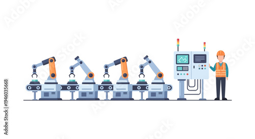 Flat design industrial robotics line with automated machines and