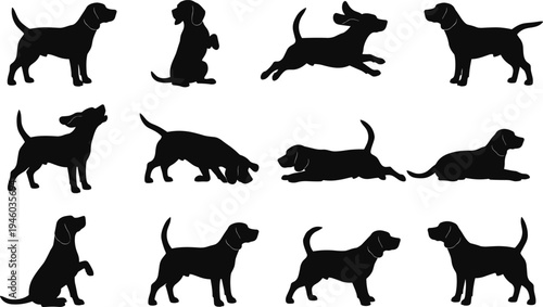 Dog silhouette poses collection with standing, sitting, running and playing canine shapes isolated on white background, domestic pet vector set for design