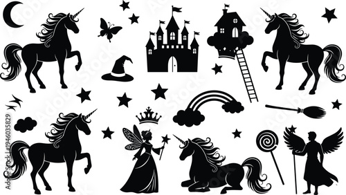 Fantasy fairytale silhouette collection with unicorns, castle, fairy, witch hat, rainbow, stars and magical elements isolated on white background for storybook design