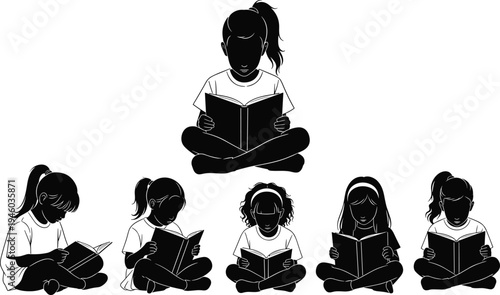 Children reading book silhouette collection, kids sitting and studying illustration vector set, little students learning together, education reading activity clipart