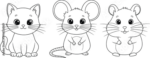 Cute vector illustration of a cartoon cat, mouse, and hamster sitting together, black and white line art for kids coloring.