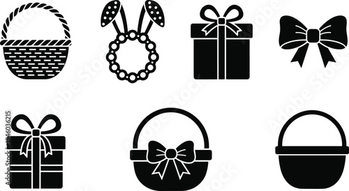 Easter basket gift box and ribbon bow vector set, spring holiday celebration elements illustration, festive easter clipart collection