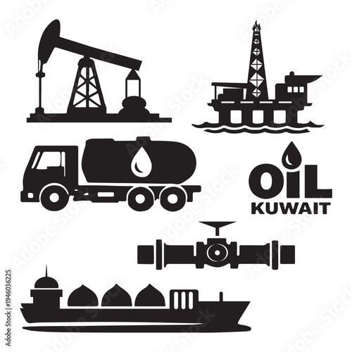 Set of 6 black silhouette oil and gas industry vector icons including oil rig, pumpjack, tanker truck, pipeline, and ship, with "Oil Kuwait" text, ideal for energy sector designs.