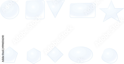 set of transparent glass on sample background. Glass framework set. Glass square, rectangular and round buttons on checkered background. Vector illustration.