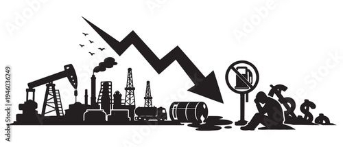 Oil and Gas Industry Crisis Vector Illustration with Downturn Arrow, Refinery Silhouette, Spilled Barrel, and Desperate Figure Representing Economic Decline