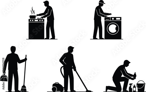 Household chores and cleaning worker silhouettes set including cooking, laundry, sweeping, vacuuming and washing tasks isolated on white background for domestic service design