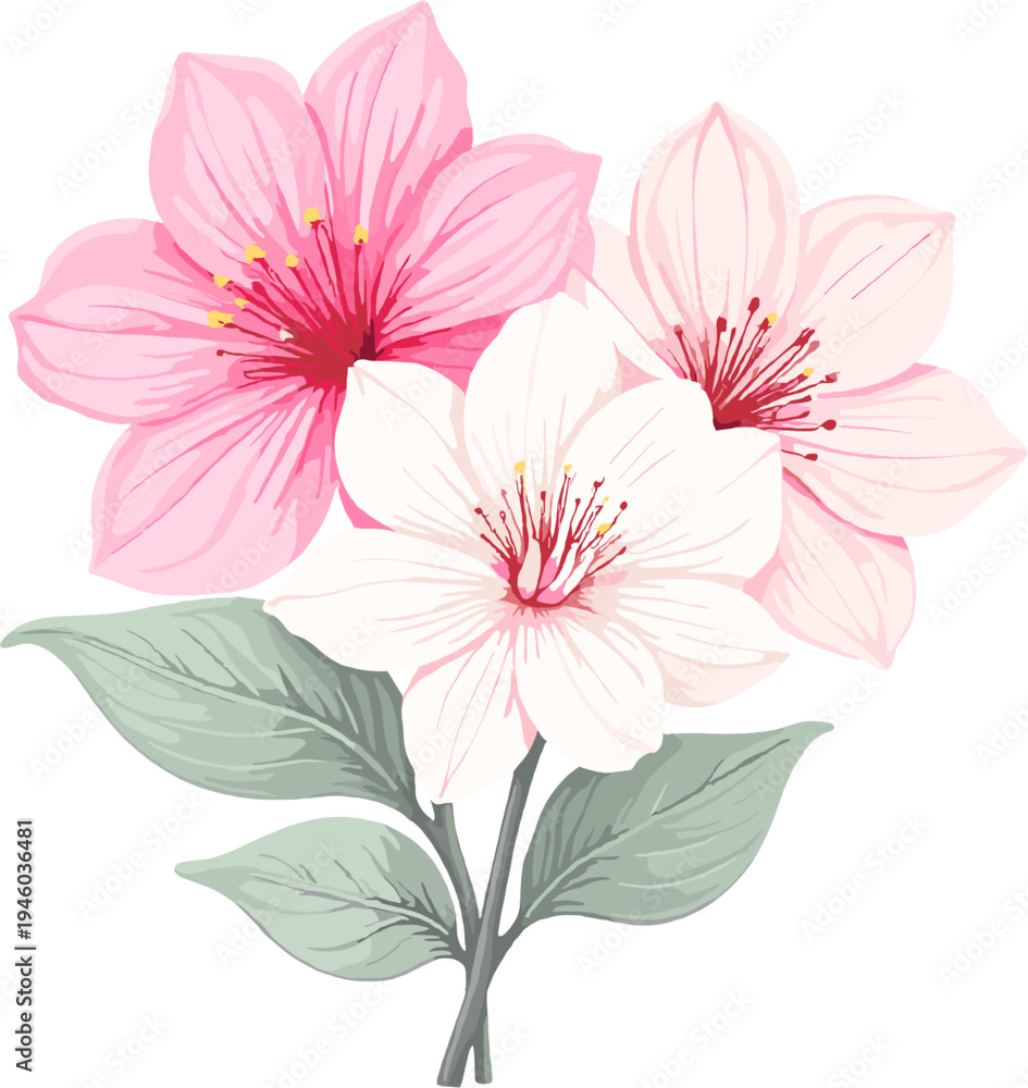 Obraz premium Delicate pink spring blossom flowers with green leaves isolated on white background elegant floral illustration for romantic design greeting cards wedding invitations and decoration 
