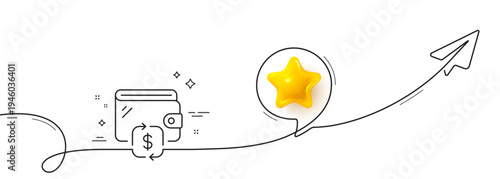 Wallet line icon. Continuous line with share plane. Transfer money purse sign. Cash budget symbol. 3d star in speech bubble. Wallet single line ribbon. Loop curve pattern. Vector