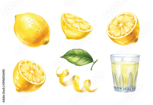 Lemon fruit and citrus beverage with blossom watercolor. Fresh lemon citrus drink with fruit slice and botanical leaves watercolor.