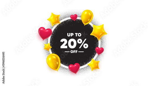 Discount tag picture frame banner. Circle photo frame. Up to 20 percent off sale. Discount offer price sign. Special offer symbol. Save 20 percentages. 3d balloons as hearts, stars. Vector