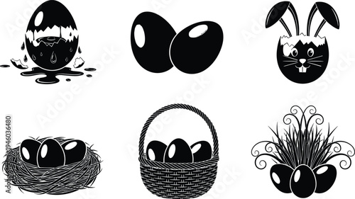 Easter egg and bunny silhouette vector set, broken egg rabbit basket illustration, spring holiday easter elements clipart collection